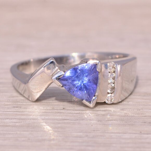 Trillion Cut Tanzanite and Diamond Ring in White Gold